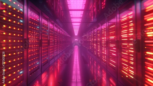 A long hallway with many red lights on the walls. The lights are bright and colorful, creating a vibrant and energetic atmosphere. The hallway seems to be part of a large data center or server room