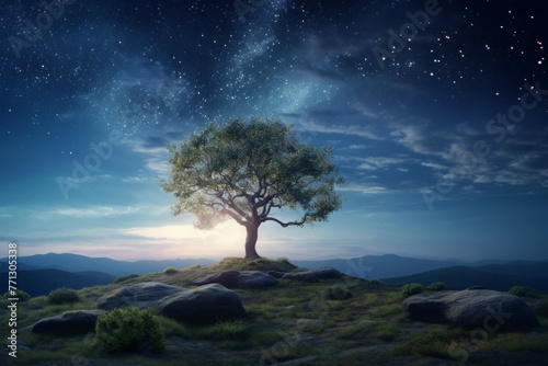 Tree on a hill with starry sky