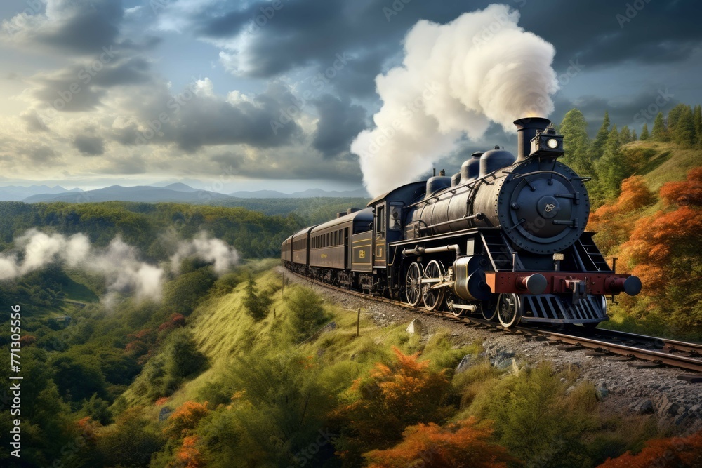 Vintage steam locomotive chugging through countryside - obrazy, fototapety, plakaty 