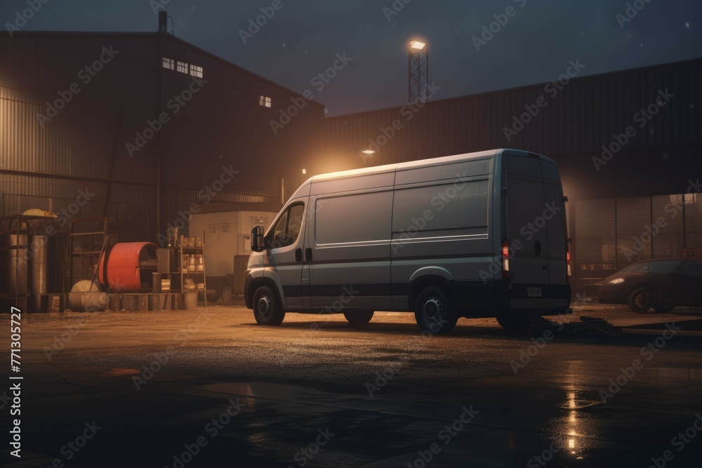 Cargo van parked in front of warehouse at dusk