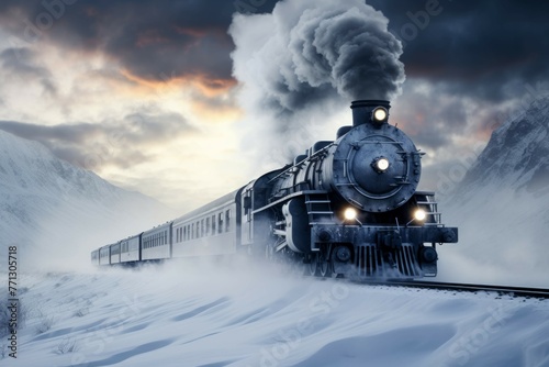 Cargo train passing through a snow-covered landscape