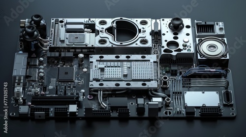 A computer board is shown in its entirety, with all of its components visible. Concept of disassembly and disorganization, as the various parts are scattered across the board