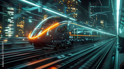 A train is moving down a track in a city at night. The train is very long and has a bright orange stripe on it. The city is lit up with bright lights, creating a sense of movement and energy