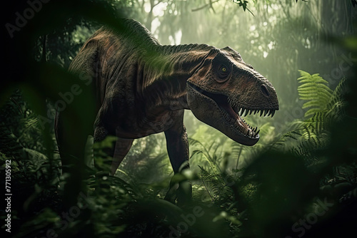 Majestic Velociraptor Dinosaur in Misty Jungle