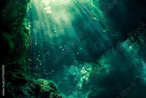 : A mysterious underwater cave with shimmering algae and glowing jellyfish surrounding it