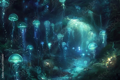 : A mysterious underwater cave with shimmering algae and glowing jellyfish surrounding it