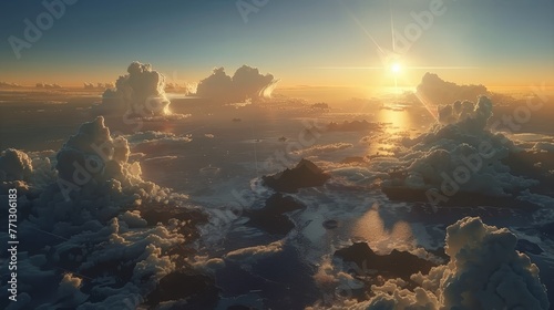 The sky is filled with clouds and the sun is shining brightly. The clouds are scattered throughout the sky, with some closer to the ground and others higher up