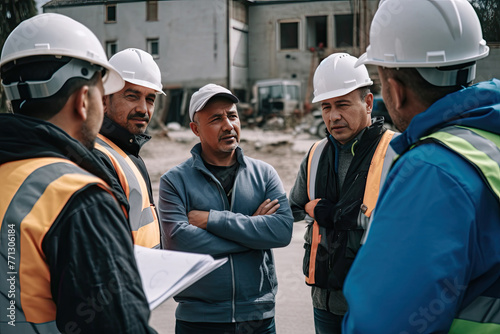 Construction Workers Discussing Plans at a Building Site