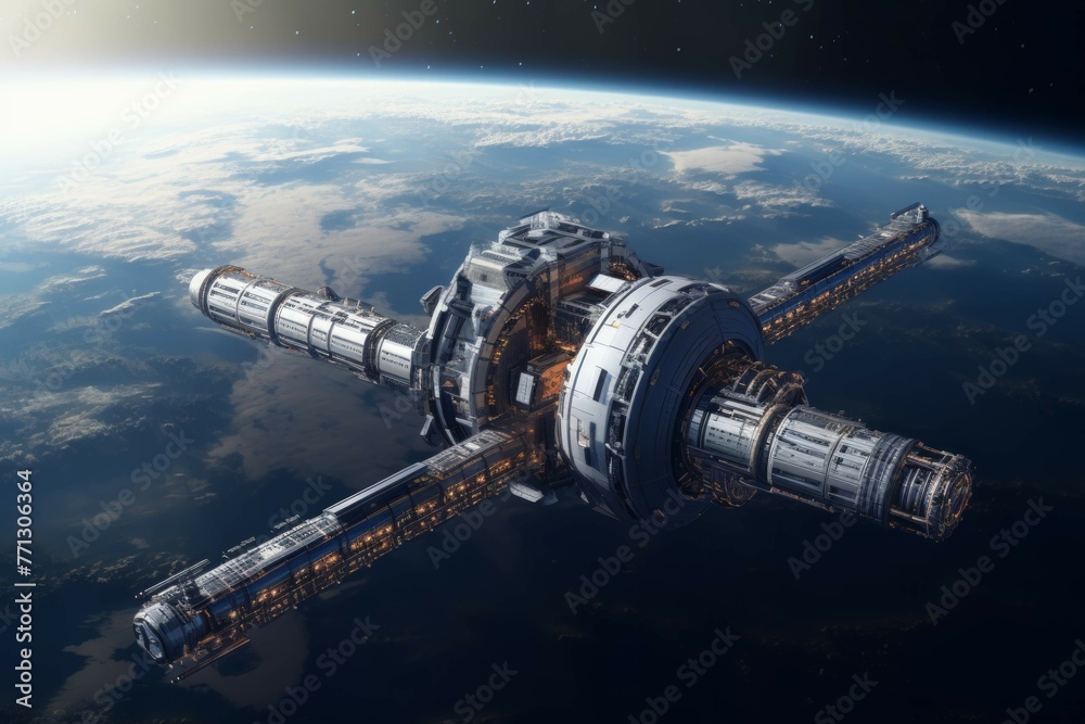 Futuristic space station orbiting distant planet Futuristic space station orbiting distant planet