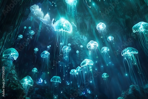 : A mysterious underwater cave with shimmering algae and glowing jellyfish surrounding it