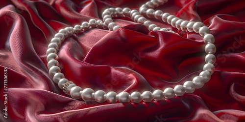 Pearls necklace on satin background, Macro shot of white pearl necklace on reflective surface 
