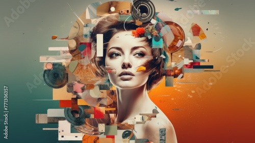 silhouette of a woman with part of her face removed and replaced by various graphic elements and abstract objects..AI generated image