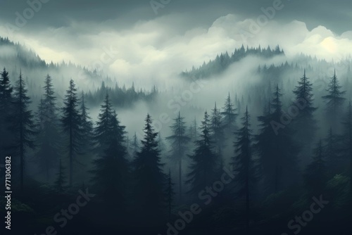 Abstract forest with towering trees and misty fog
