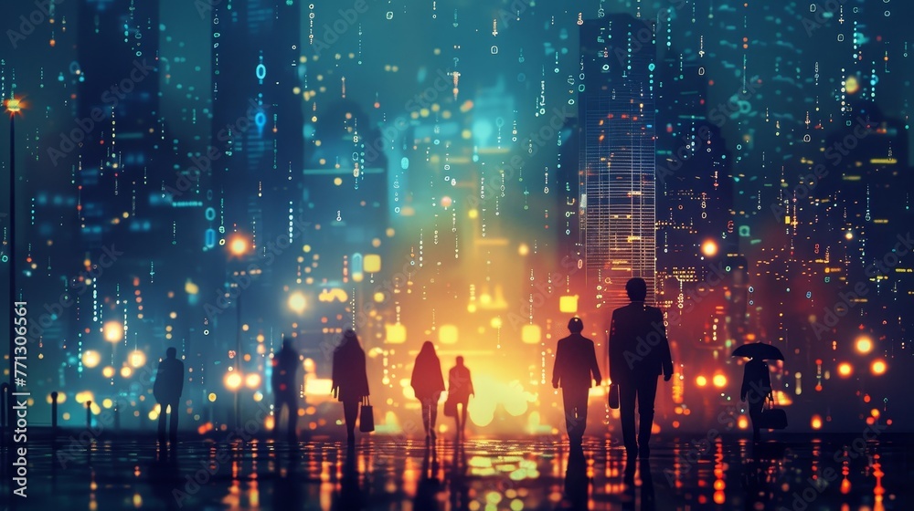 A group of people walking down a city street at night. The street is lit up with bright lights and the people are carrying umbrellas. Scene is lively and bustling