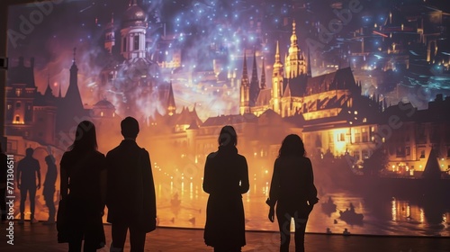 A group of people are standing in front of a large projection screen of a city. Scene is one of awe and wonder, as the people are looking at the impressive display of lights and buildings