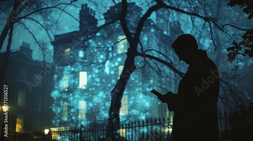 A man is standing in a park at night, looking at his phone. The sky is dark and the trees are silhouetted against the buildings in the background. Scene is somewhat eerie and mysterious