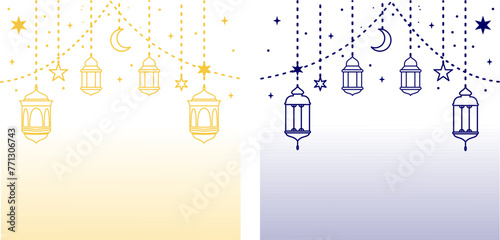 Arabic traditional Ramadan Kareem eastern lanterns garland. Muslim ornamental hanging golden lanterns, stars and moon vector illustration. Islamic oriental garland.