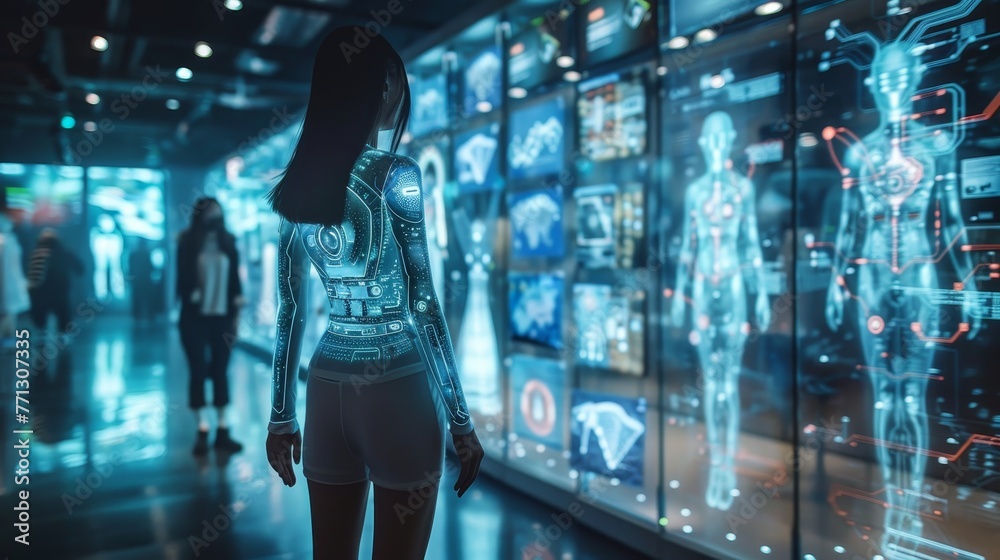 A woman stands in front of a display of human figures. The display is made up of computer-generated images, and the woman is looking at them. The scene is set in a futuristic environment