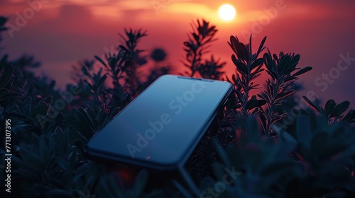 A cell phone is sitting on a bush in the middle of a forest. The sun is setting in the background, casting a warm glow over the scene. The phone is turned off, and the camera is set to a low angle