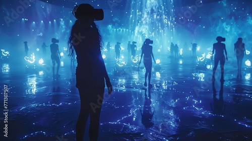 A woman stands in front of a group of people in a blue room. The room is lit with blue lights and the people are wearing vests. The woman is wearing a virtual reality headset