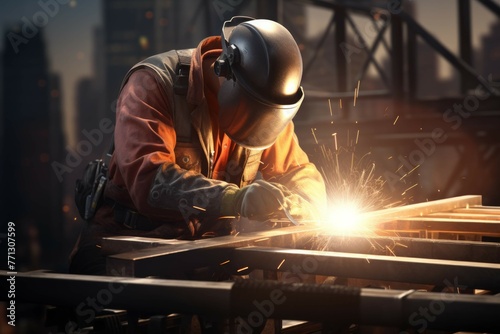 Construction worker welding steel beams on a skyscraper.