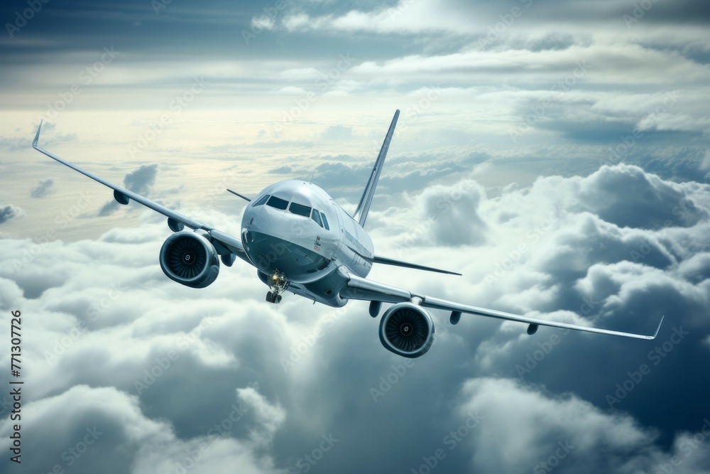 Pilot flying commercial airliner through beautiful, cloudy sky Pilot flying commercial airliner through beautiful, cloudy sky
