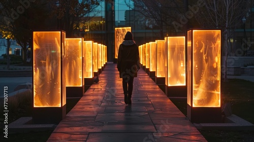 A woman walks down a path lined with orange lights. The lights are lit up and create a warm, inviting atmosphere. The woman is enjoying her walk and the beautiful lighting photo
