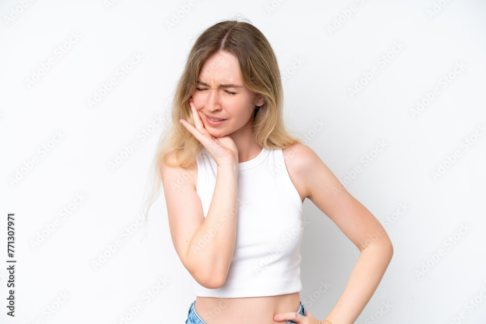 Blonde English young girl isolated on white background with toothache Blonde English young girl isolated on white background with toothache