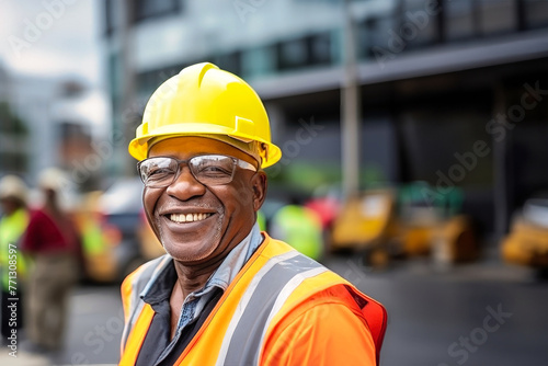 An elderly dark-skinned builder stands wearing a hard hat and safety vest