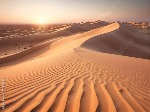 Desert Dreamscape  Rippling Sand Dunes Under a Fiery Sunset. generative AI