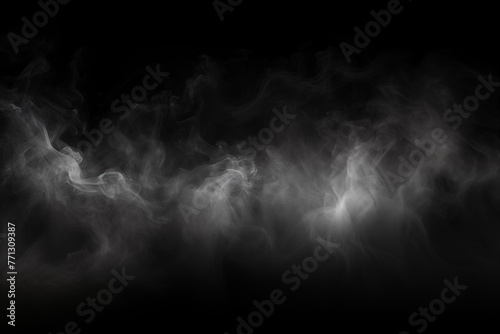 Smoke clouds, steam mist fog and white foggy vapor. Realistic smoke particles isolated on black background. Beautiful swirling gray smoke.