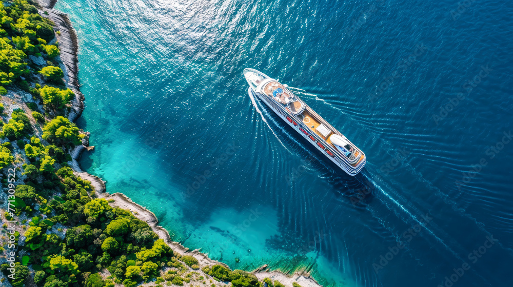 A sizeable cruise ship peacefully floats on the tranquil waters of a tropical bay, showcasing the beauty of maritime travel A sizeable cruise ship peacefully floats on the tranquil waters of a tropical bay, showcasing the beauty of maritime travel