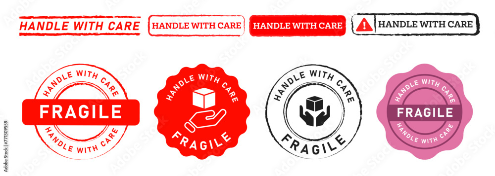 Obraz premium handle with care stamp and seal badge label sticker sign for protect packaging fragile breakable