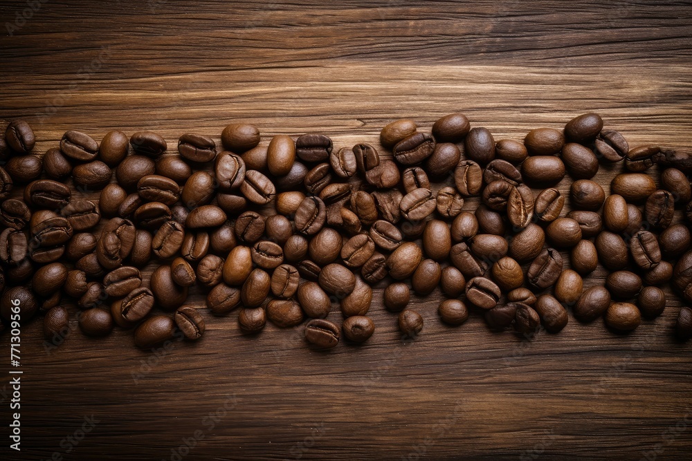 A beautiful arrangement of coffee beans forms a cozy pile on a rustic wooden table, creating a warm and inviting scene. Generative AI