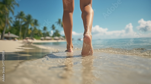 woman legs walking barefoot along a beautiful beach photo