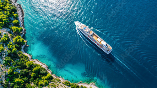 Wallpaper Mural A sizeable cruise ship peacefully floats on the tranquil waters of a tropical bay, showcasing the beauty of maritime travel Torontodigital.ca