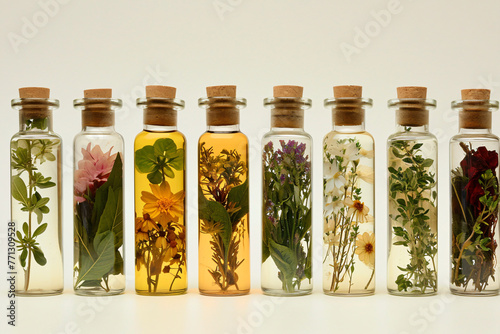 various herbal products inside bottles in a row in the  c208465d-0fbb-438e-8ac1-8584e12eee0d photo