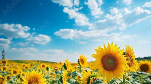 Sunflower field with cloudy blue sky