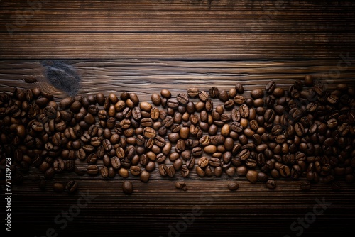 Rich coffee beans scattered across a rustic wooden table, creating a warm and inviting atmosphere. Generative AI © Jahan Mirovi