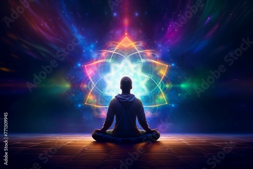 the chakra is shown in meditation by a man in a lotus position