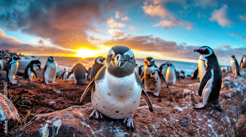 Cluster of penguins gathered on sandy shore, standing upright photo