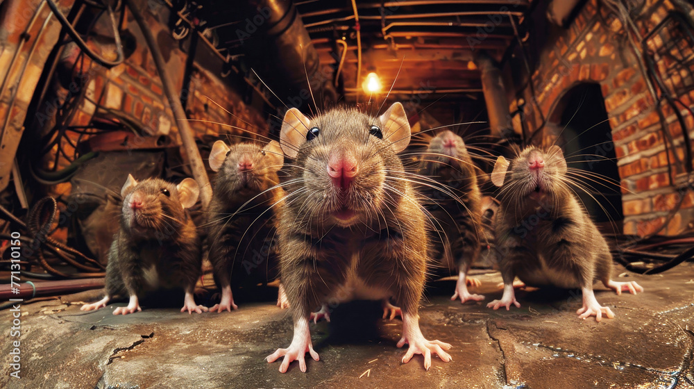 Several mice are sitting on top of a wooden floor - obrazy, fototapety, plakaty 