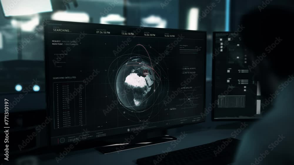 Spy computer system is analyzing the digital earth globe. Spy computer system dealing with the satellite analysis on the earth globe. Spy computer system detects target with satellites on globe map. Spy computer system is analyzing the digital earth globe. Spy computer system dealing with the satellite analysis on the earth globe. Spy computer system detects target with satellites on globe map.