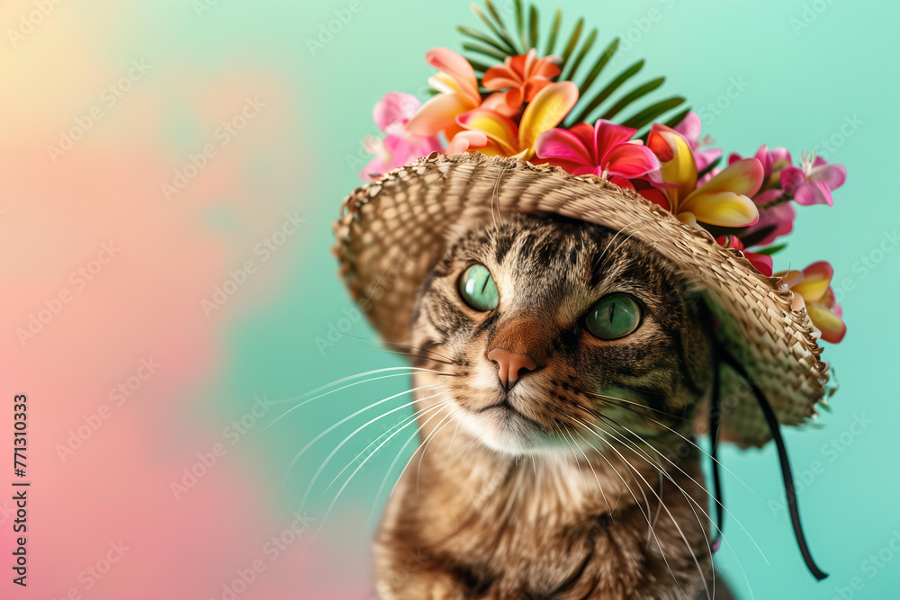 cat dressed in a Hawaii style summer outfit, wearing a hat with flowers on a pastel background, bold colors, summer vacation concept cat dressed in a Hawaii style summer outfit, wearing a hat with flowers on a pastel background, bold colors, summer vacation concept