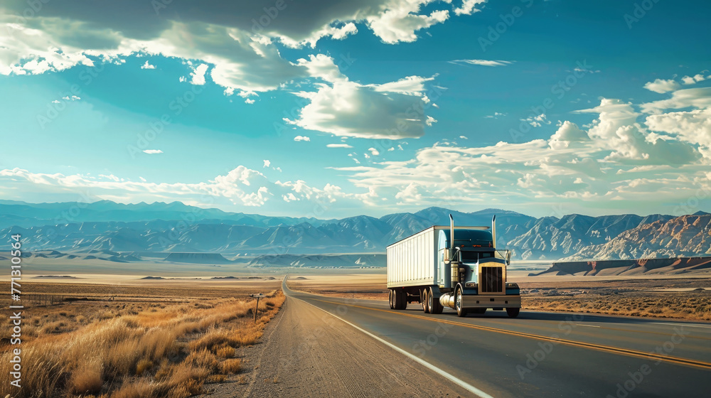 A cargo semi-truck is seen driving down a road in a desert landscape