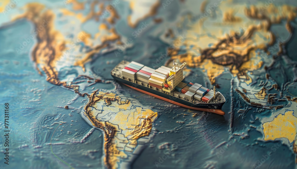 Fototapeta premium A small model of a ship is on a map of the ocean by AI generated image
