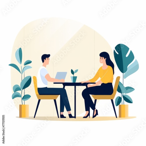 A man and a woman are sitting at a table and talking