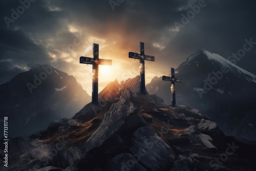 three crosses on top of mountain with bright sunshine