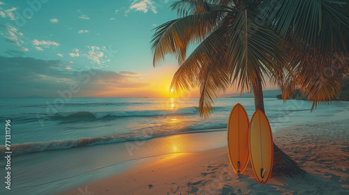 surfboards on a sandy sea beach