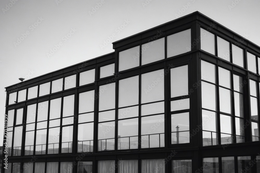 Black and white edit of exterior rooftop with big window reflection Black and white edit of exterior rooftop with big window reflection